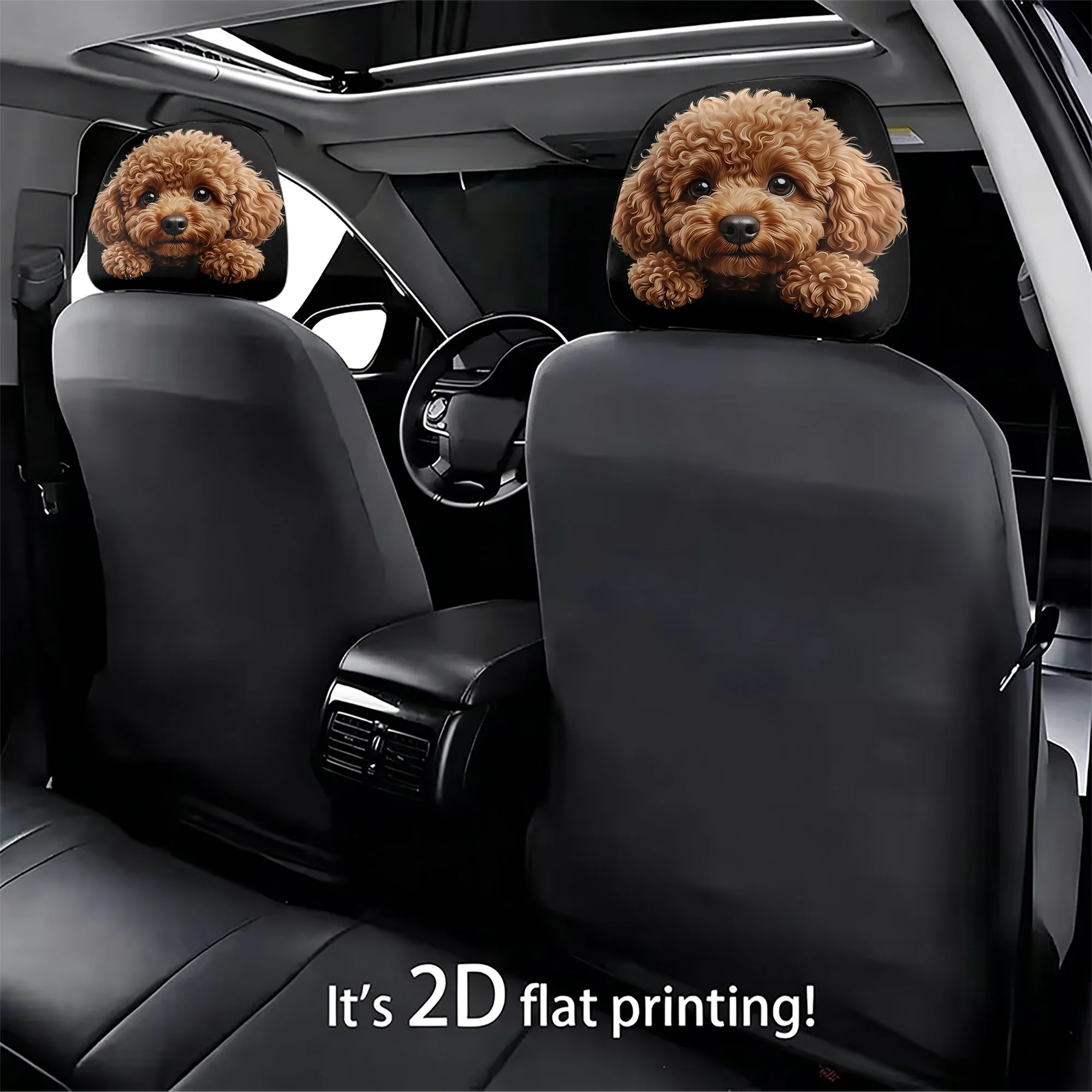 2pcs Cute Poodle-Patterned Car Headrest Covers—add a touch of playfulness to your car’s interior. Filling not included. Easy to