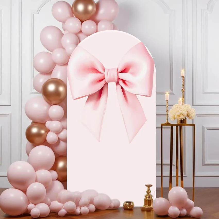 

Mehofond Custom 2-Sided Pink Bow Pattern Girl First Birthday Party Baby Shower Cover Chiara Arch Wall Background Decor Backdrop