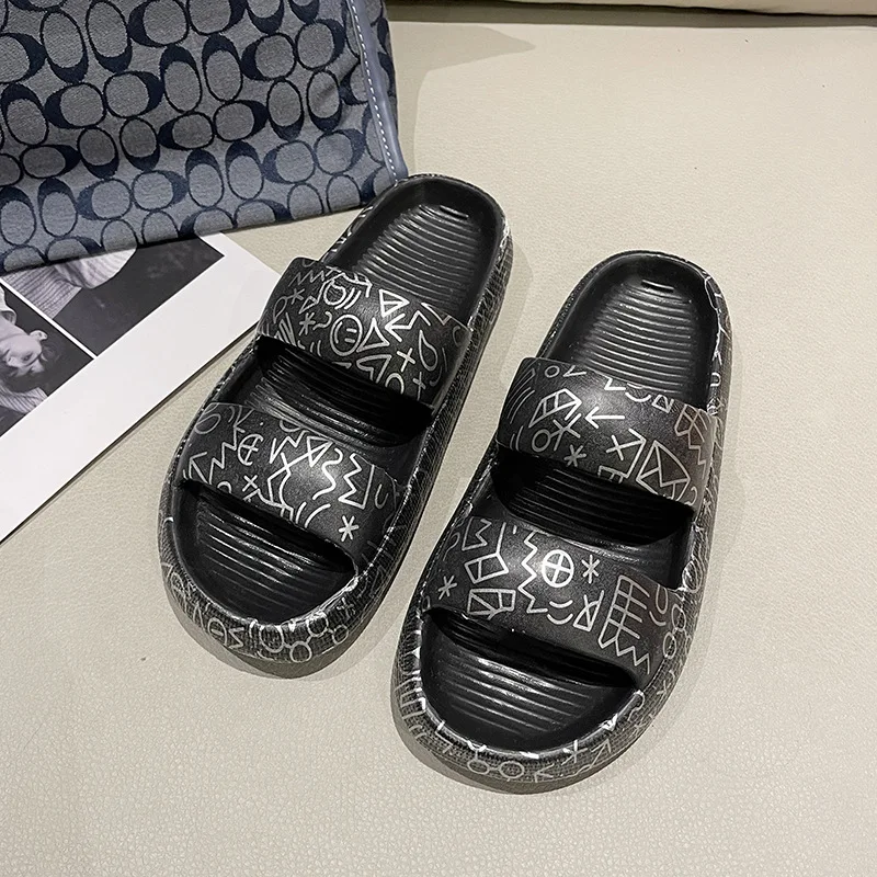 Summer Women's Slippers Thick Bottom Graffiti Home Indoor One-Tip Slippers Anti-slip Soft Bottom Couple Double Strap Sandals