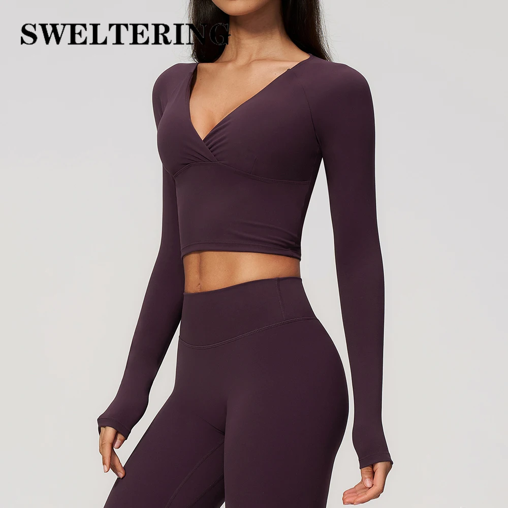Deep-V Yoga T-shirts Women Slim Fit Sports Long Sleeve Fitness Running Gym Shirts Female Breathable Workout Sports Long Sleeve