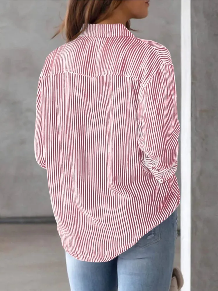 Fashion Women's Top Lapel Pocket Single Breasted Classic Striped Long Sleeve Shirt 2024 Autumn Elegant Office Women's Wear