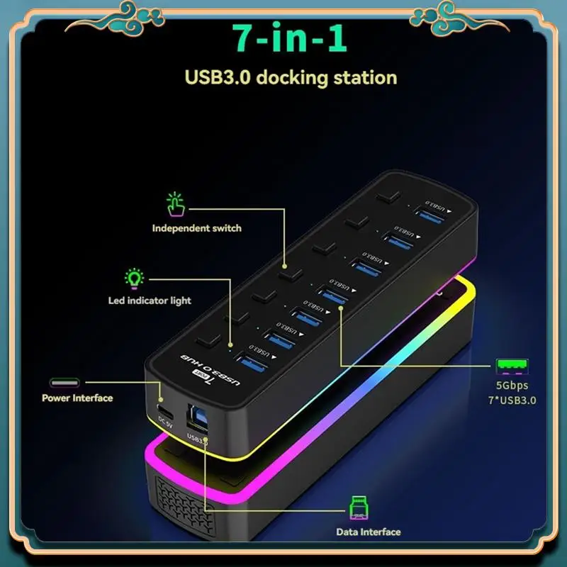 (New)-RGB USB 3.0 Hub 7 Ports USB Port Adapter 5Gbps Individual On/Off Switch Splitter Gaming USB Hub For Laptop PC Computer