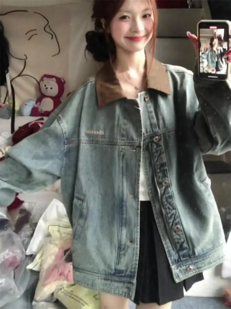

Unique Super Sli Design Stand Collar Splicing Denim Jaet Women's Spring New All-Match Jaet Cardigan Commute Sle Loo...