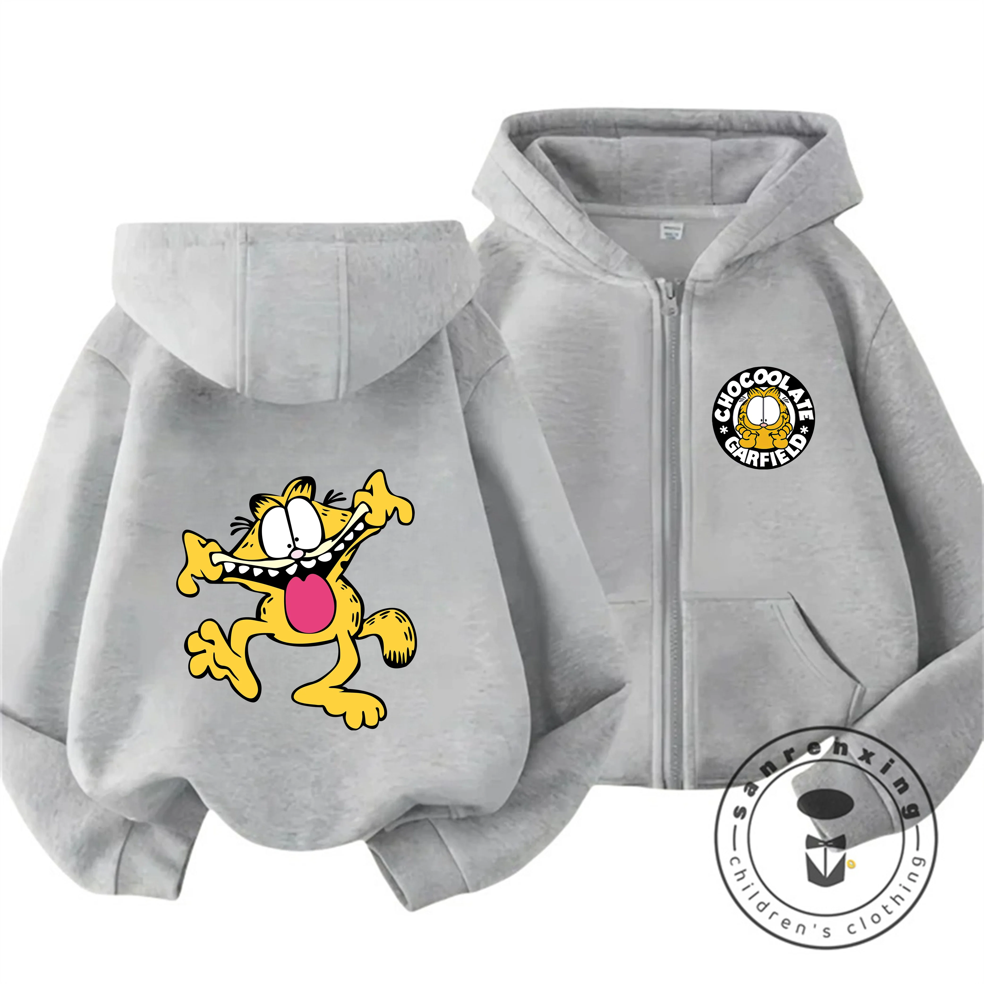 Trendy Cartoon Kids Zip Hooded Sweatshirt Garfield For Boys Girls Autumn Winter Warm New Style Outfit 3-14Y