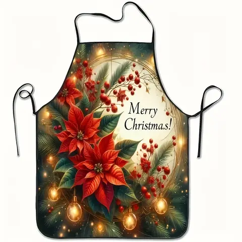 1pc 2D Festive Red Holly Print Christmas Apron, Polyester Material, Multi-use Apron for Cooking, Baking, BBQ, Gardening