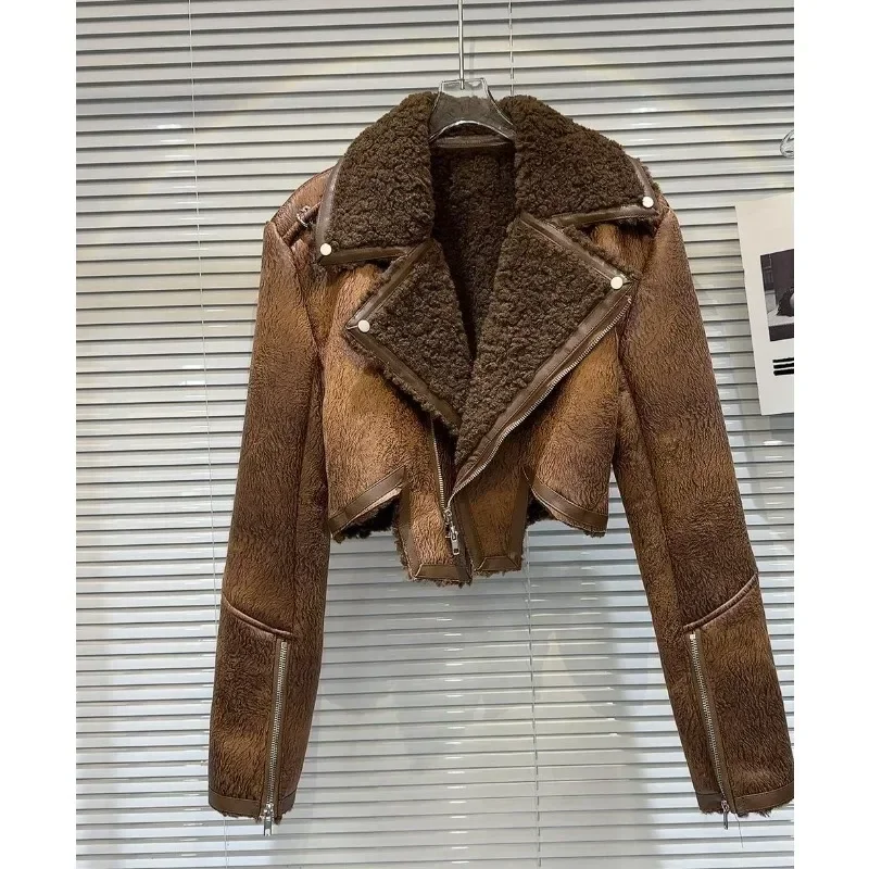 2024 Winter New Collection Turn Down Collar Zippers Sleeve Cuff Faux Fur Leather Jacket Women Irregular Coat GH010