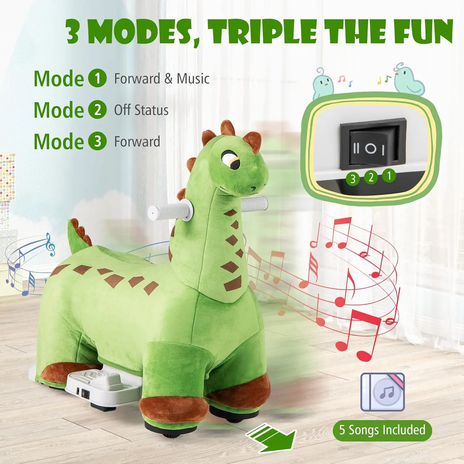 6V Dinosaur Ride on Toys, Battery Powered Motorized Ride on Dinosaur, Music, Forward, Removable & Washable Cover, Comfortable Se