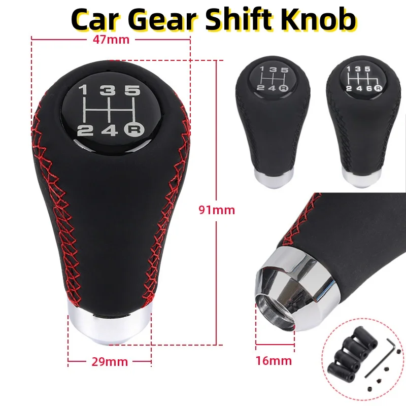 HQ Car Universal Manual Gear Shift Knob Shifter Black Leather Black Stitch 5/6 Speed Manual Transmission Shift Knob