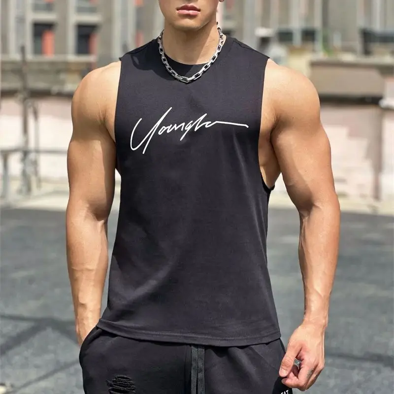 Cotton fashion men\'s tank top Streetwear Sports casual men\'s top Wide shoulder crew neck sleeveless tank top men\'s wear