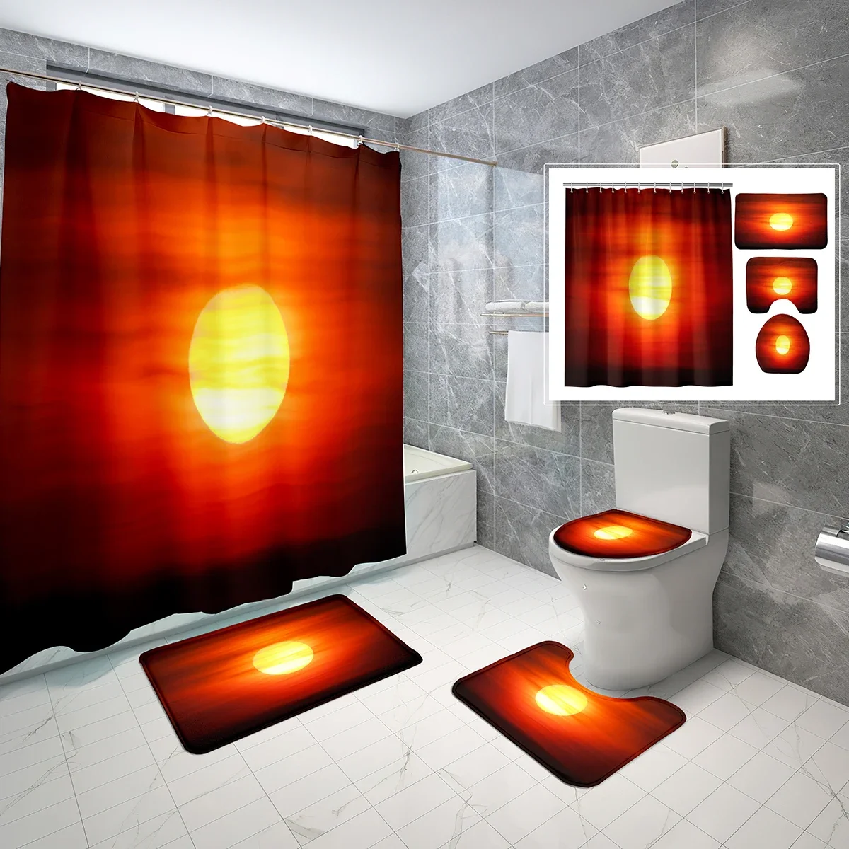 

4 Piece Sun Shower Curtain Sets Big Golden Sun Sunset with Non-Slip Rugs Toilet Lid Cover and Waterproof Shower Curtain Set