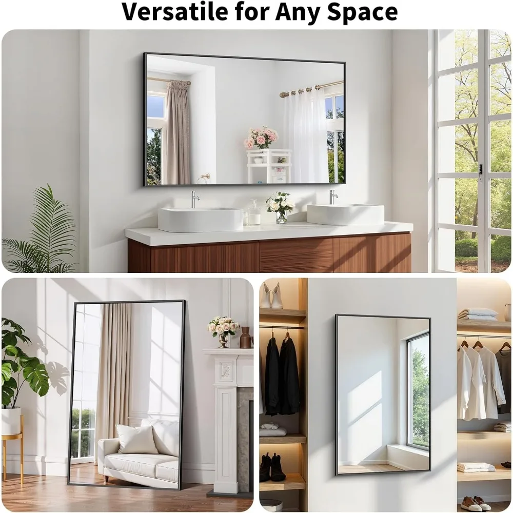 مرآة حمام من الزجاج المقسى المقاوم للكسر، 30 × 50، عالية الدقة بدون تشويه، إطار حديث غير لامع، خيار تركيب أفقي أو عمودي