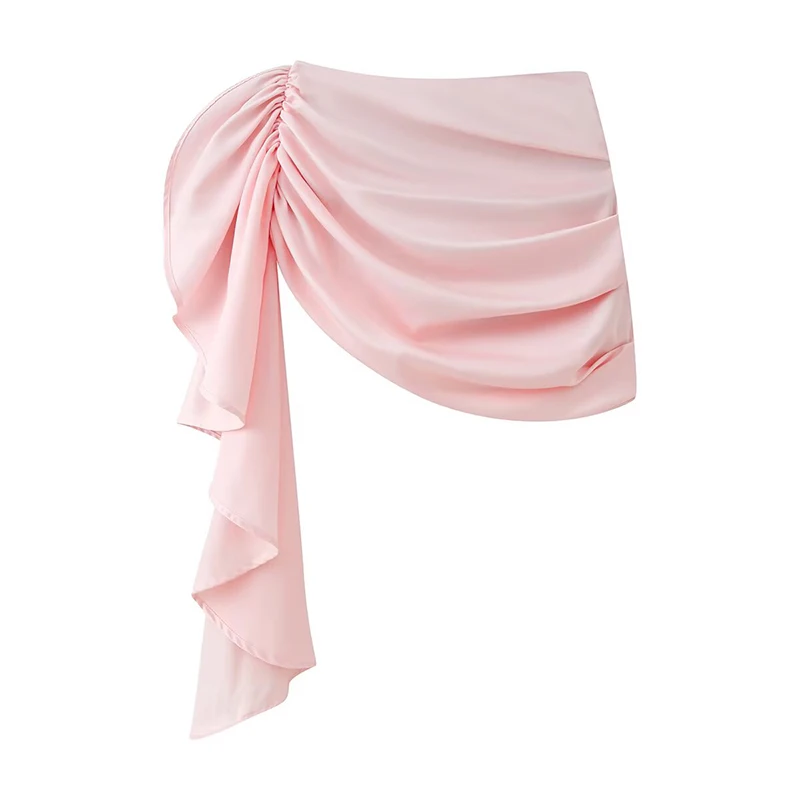 YENKYE Women Pink Satin Ruched Side Draped Ruffle Asymmetrical Mini Skirt High Waist Elegant Sexy  Party Skirts
