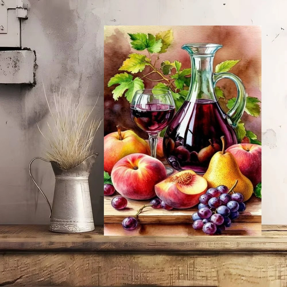Oil Painting Still Life Wine Glass Grapes Peach By Numbers DIY Wall Home Decor for Living Room, No Frame
