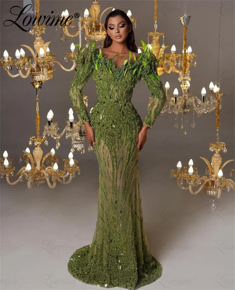 Green Elegant Celebrity Dresses Women Party Prom 2024 Abendkleider Long Sleeves Beaded Crystals Mermaid Feathers Evening Gowns