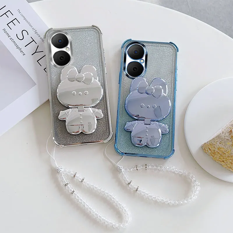 Stoßfeste Handyhülle mit niedlichem Hasen-Make-up-Ständer und Trageband für Huawei Nova Y73 Y72 Y70 Plus Y71 Y63 Y62 Y61 Y91 Y90 Rückseite
