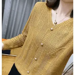 New Spring Autumn Women Stylish Chic Hollow V Neck All Match Knitted Sweater Simple Casual Long Sleeve Solid Loose Pullover Tops