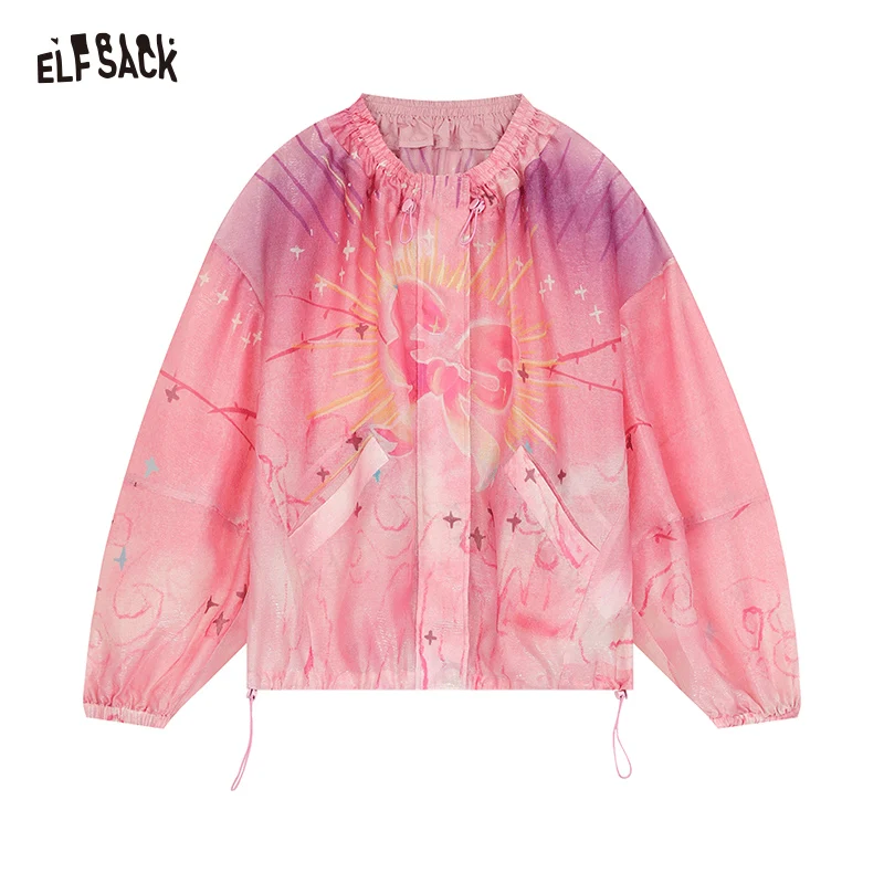 2024 Summer ELFSACK New Arrivals Pink glitter print translucent gentle style small casual fashion thin short jacket for women