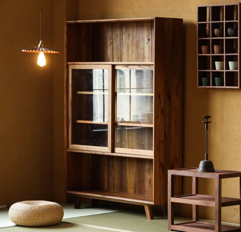 Japanese-Style Simple Solid Wood Large Capacity Storage Cabinet Transparent Glass Sliding Door Storage Display