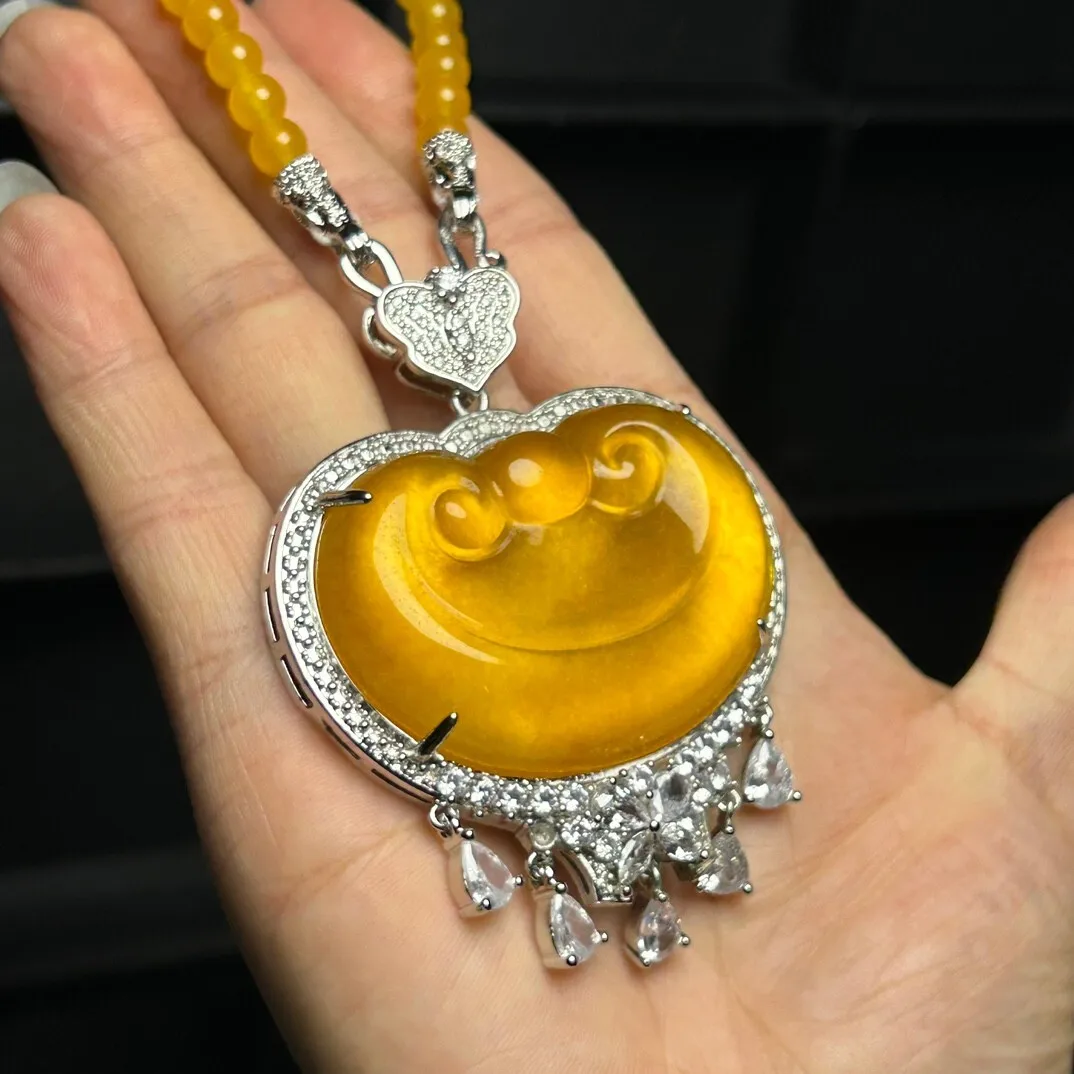 Certified Natural Ice Yellow Jade Jadeite Carved Ruyi Lock Pendant & Necklaces Ruyi Lock