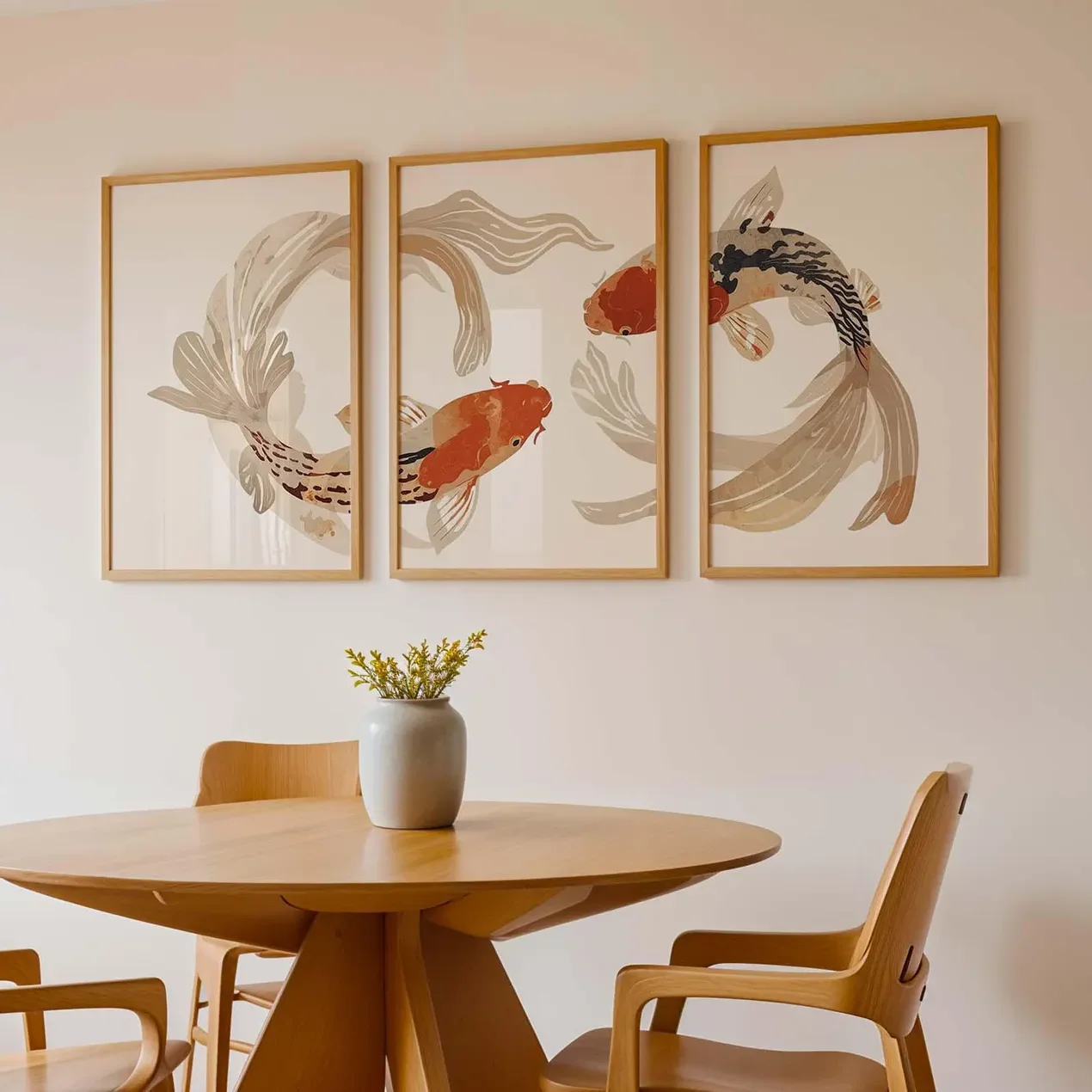 3PCS  Koi Fish Triptych Wall Art  Japanese Minimalist Poster  Neutral Beige Zen Wall Decor  Canvas Paintings for Room Decor