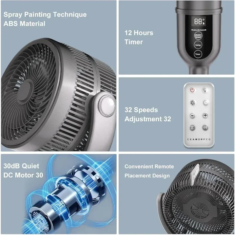 Bedroom Floor Fan with Remote Control Adjustable Height Omnidirectional Air Circulation Fan