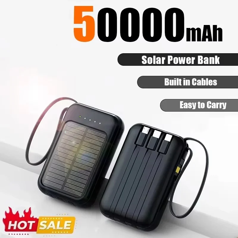50000mAh ad alta capacità Solar Power Bank Ricarica rapida Cavi integrati Caricatore solare 2 porte USB Caricatore esterno Powerbank Luce a LED