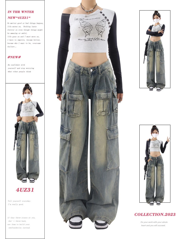 Women's Jeans Woman High Waist Denim Streetwear Korean Fashion Newjeans Vintage Clothes Female Clothing Cargo Pants Women