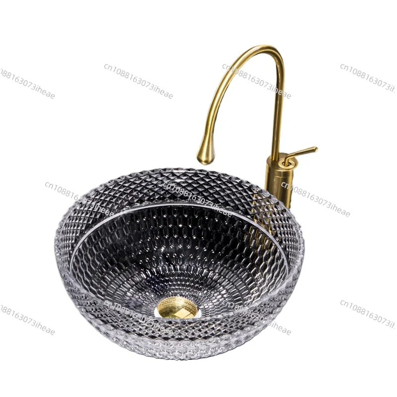 Round Diamond Glass Countertop Basin Crystal Glass Sink Bathroom Sink Luxury Clear Diamond Crystal Washbasin Vanity Set
