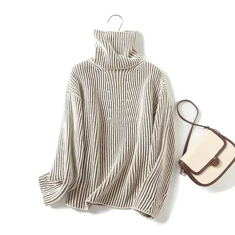 

Jenny & Dave модный женский французский ленивый стиль с высоким воротом винтажный свитер бежевый элегантный свободный пуловер трикотаж женский