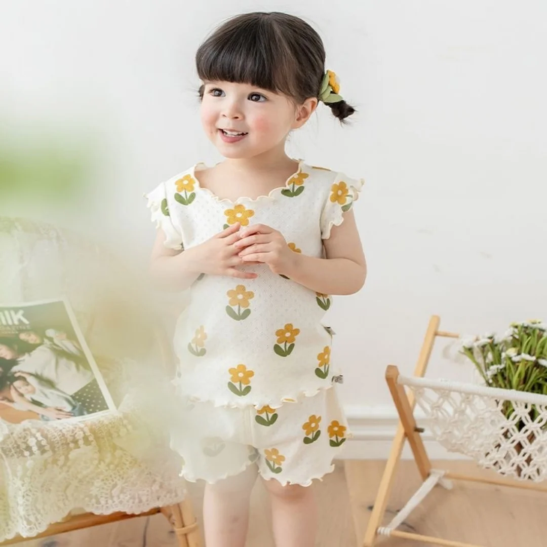 1-6Y Summer Cute Girls Pajama Set Flower Print Ruffle Sleeveless Top+Shorts 2 Pcs Clothes for Kids Thin Soft Children Suit image 2