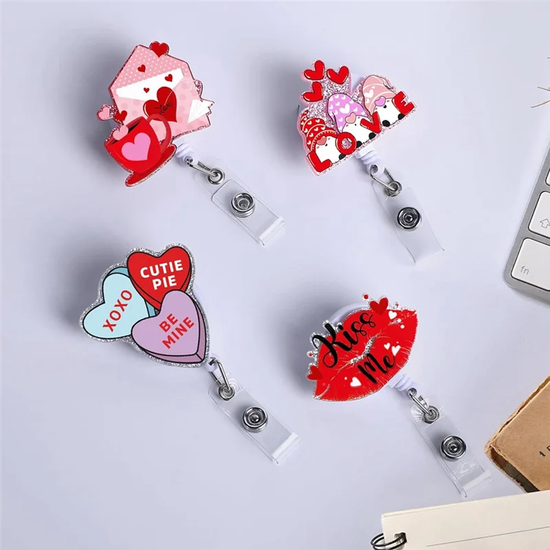 

4Pcs Badge Holder Reel Clip - Valentines Day Gifts Cute Pink Heart Pattern Id Name Card Retractable Badge Reel Clip