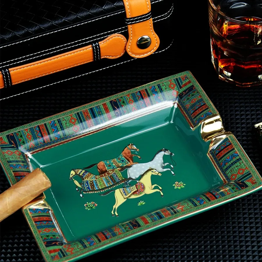 Ceramic Cigar Ashtray Simple Large Home Living Room Decoration Tabacco Ash Holder Tray Green Horse Gift Box Package