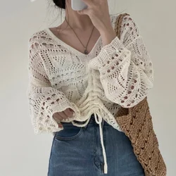 Sweaters Women Spring College Cropped Lace Up Chic Khaki Pure Hollow Out Knitwear All-match Trendy Mujer Simple Aesthetic White