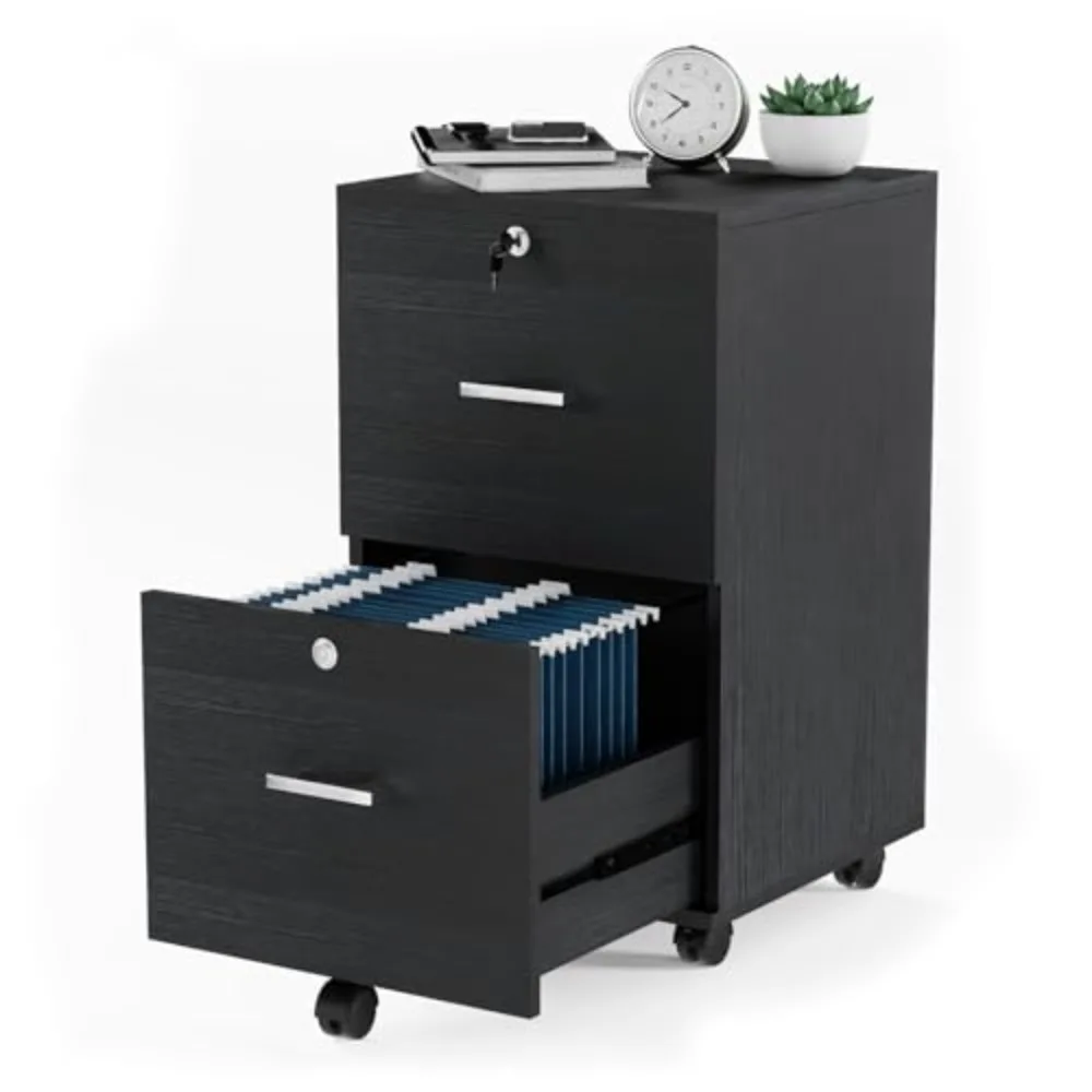 2-Drawer File Cabinet with Lock, Small Rolling Wood Filing Cabinet for Hanging Letter Size Filings with Tabs, Mobile