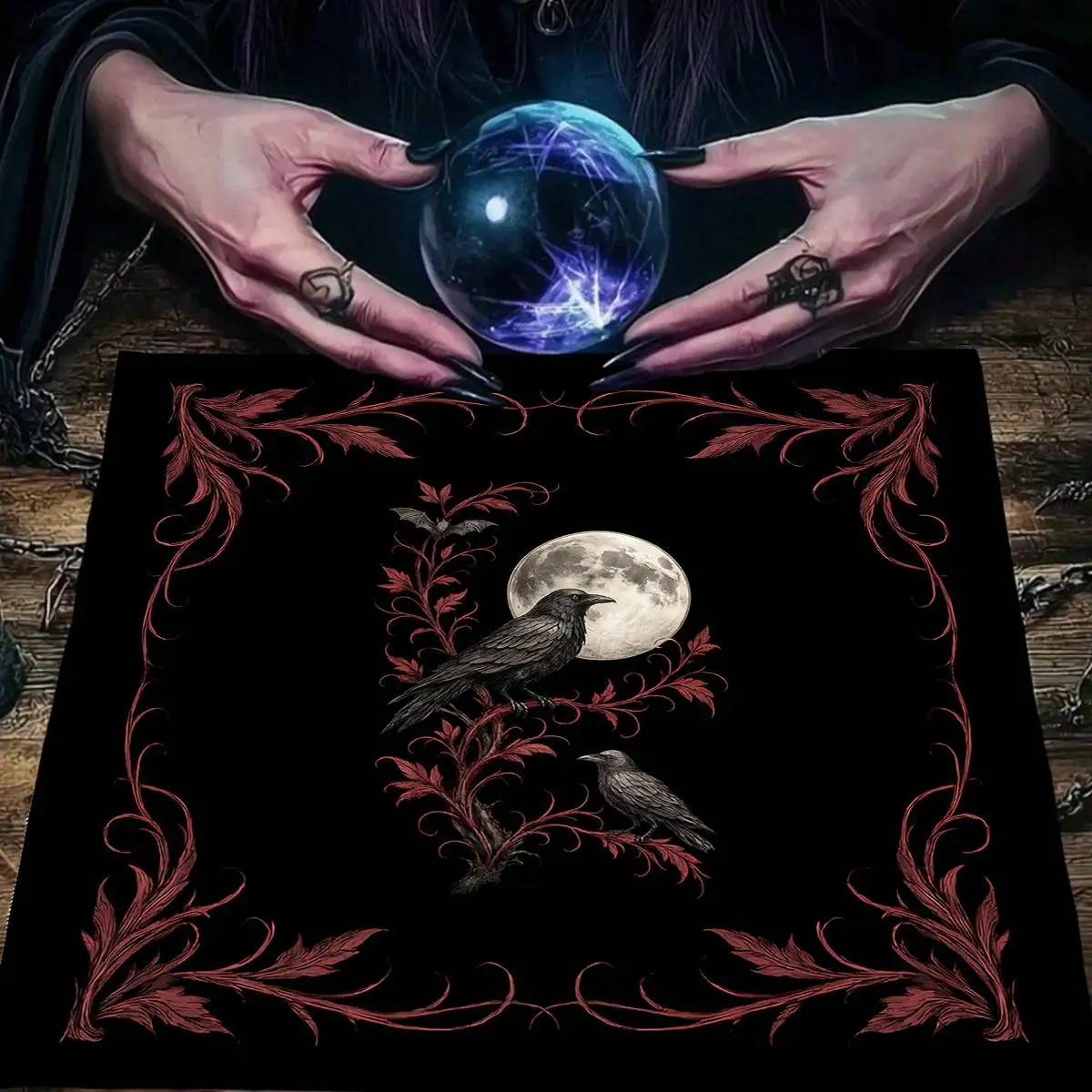 Triple Moon & Crow Altar Cloth Tarot Tablecloth For Spread Tarot Reading Cloth Floral Tapestry Witchcraft Board Game Card Pad view 2