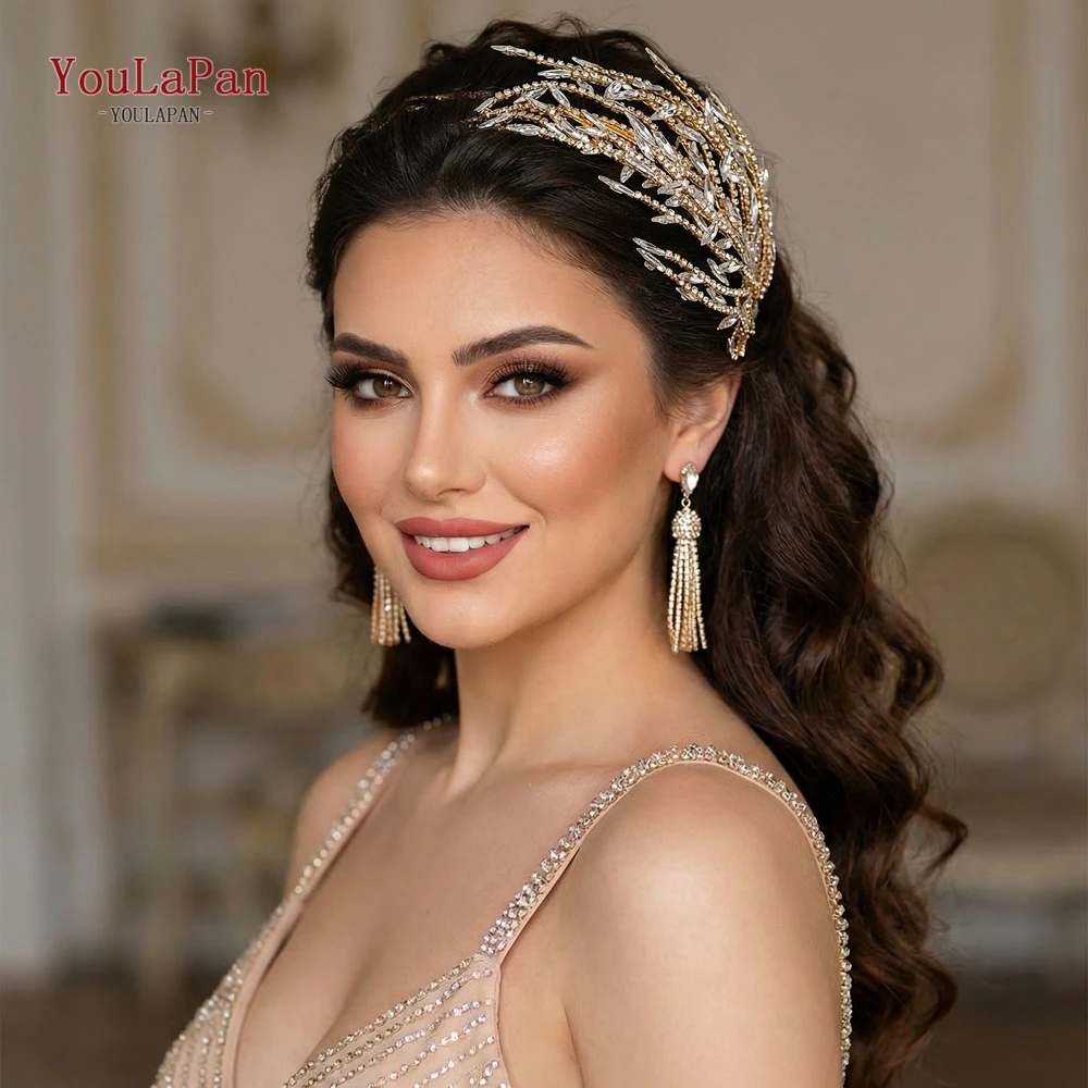 YouLaPan Luxury Gold Colot Bride Hair Hoop Handmade Rhinestone Wedding Headband Hair Accessories Women Princess Headwear HP989