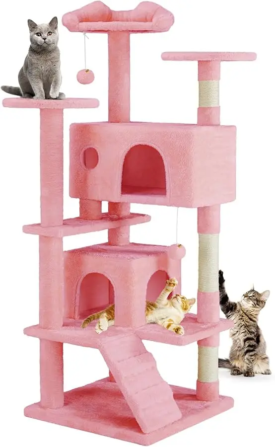 

DUMOS 54-inch Indoor Cat Tree Tower –Multi-Level Pet House for Large Cats with 2 Condos, Scratching Posts, Round Platform, Small