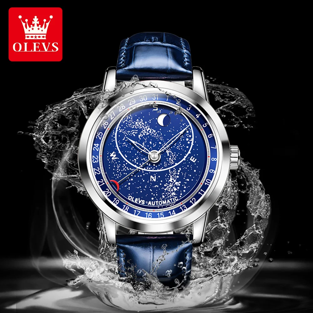 OLEVS 9923 New Automatic Mechanical Watch for Men Big Dial Rotating Second Wristwatch Luminous Star Moonswatch Hombres Mecanico