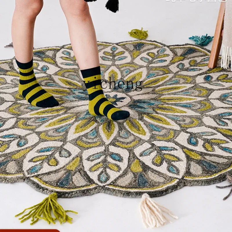 Pure Wool Handmade round Living Room Carpet Tassel Bedside Blanket