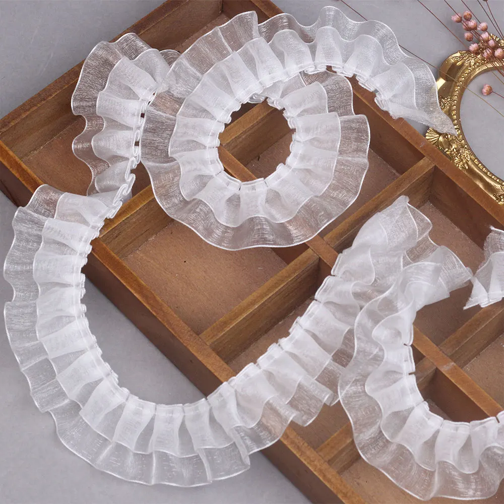 Eco-Friendly 4CM Organza Lace Fabric Trim Double Layer Lotus Leaf Design for Garment Collar Cuff Decoration & Handmade Crafts
