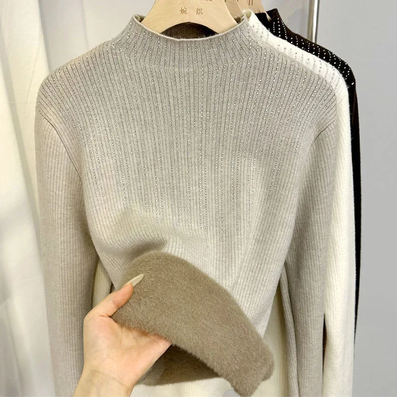 New Autumn and Winter Fashion Hot Diamond One Piece Plush Thickened Half High Neck Loose Versatile Western Style Women's Sweater