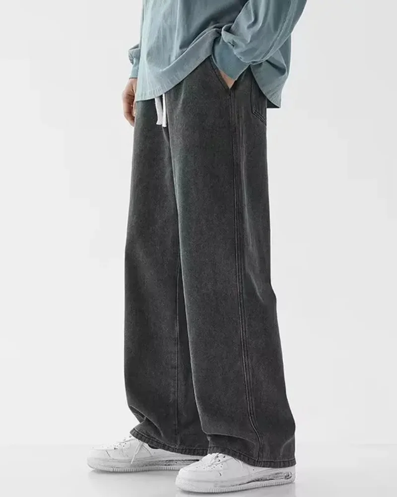 Outono e inverno novos jeans americanos de rua alta para homens, design solto e reto com cordão, calças juvenis