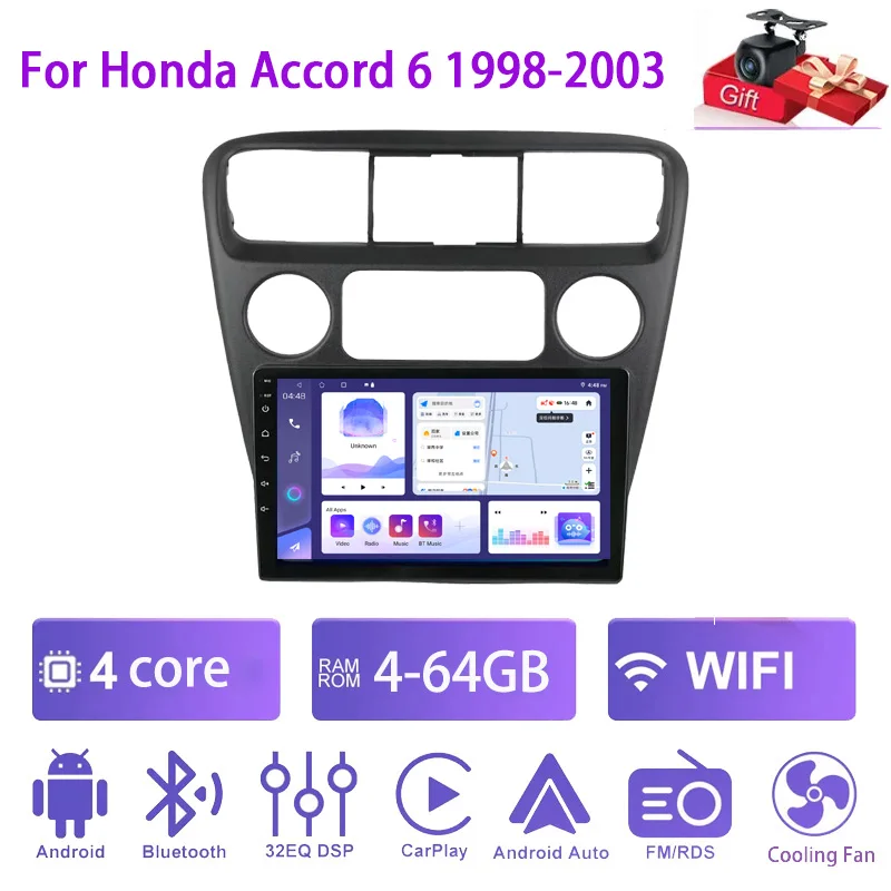 

9" 4+64GB Car Radio For Honda Accord 6 1998-2003 Apple Carplay Android 13 Stereo Head Unit BT FM