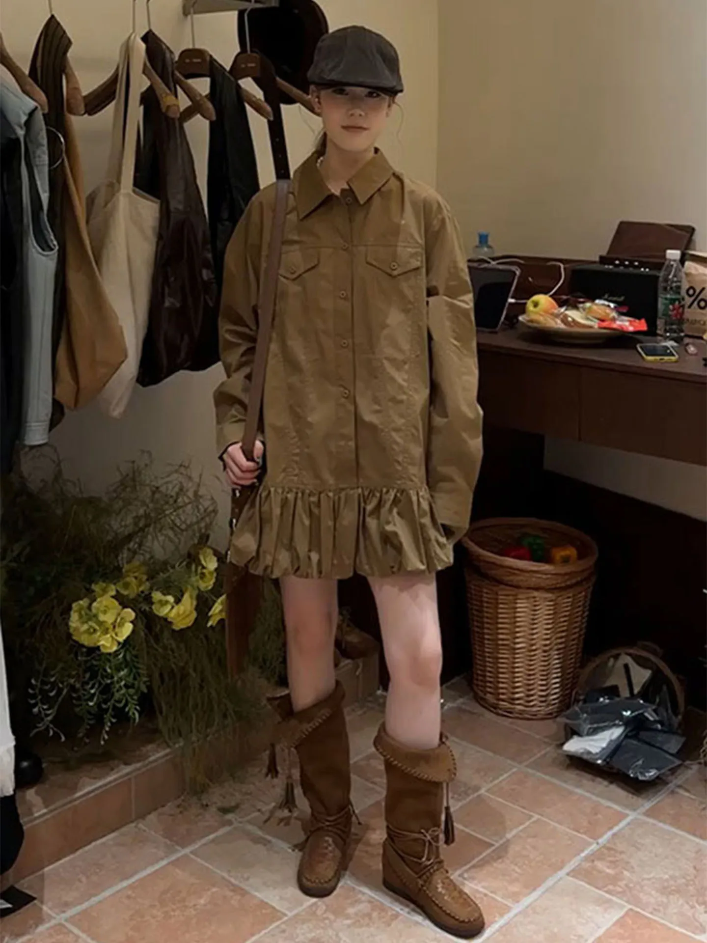 Vroege herfst trendy bruine lange Sve irt Dr Ele hoge taille A-lijn rok hoge kwaliteit eenvoudige en Ele bloemenprint