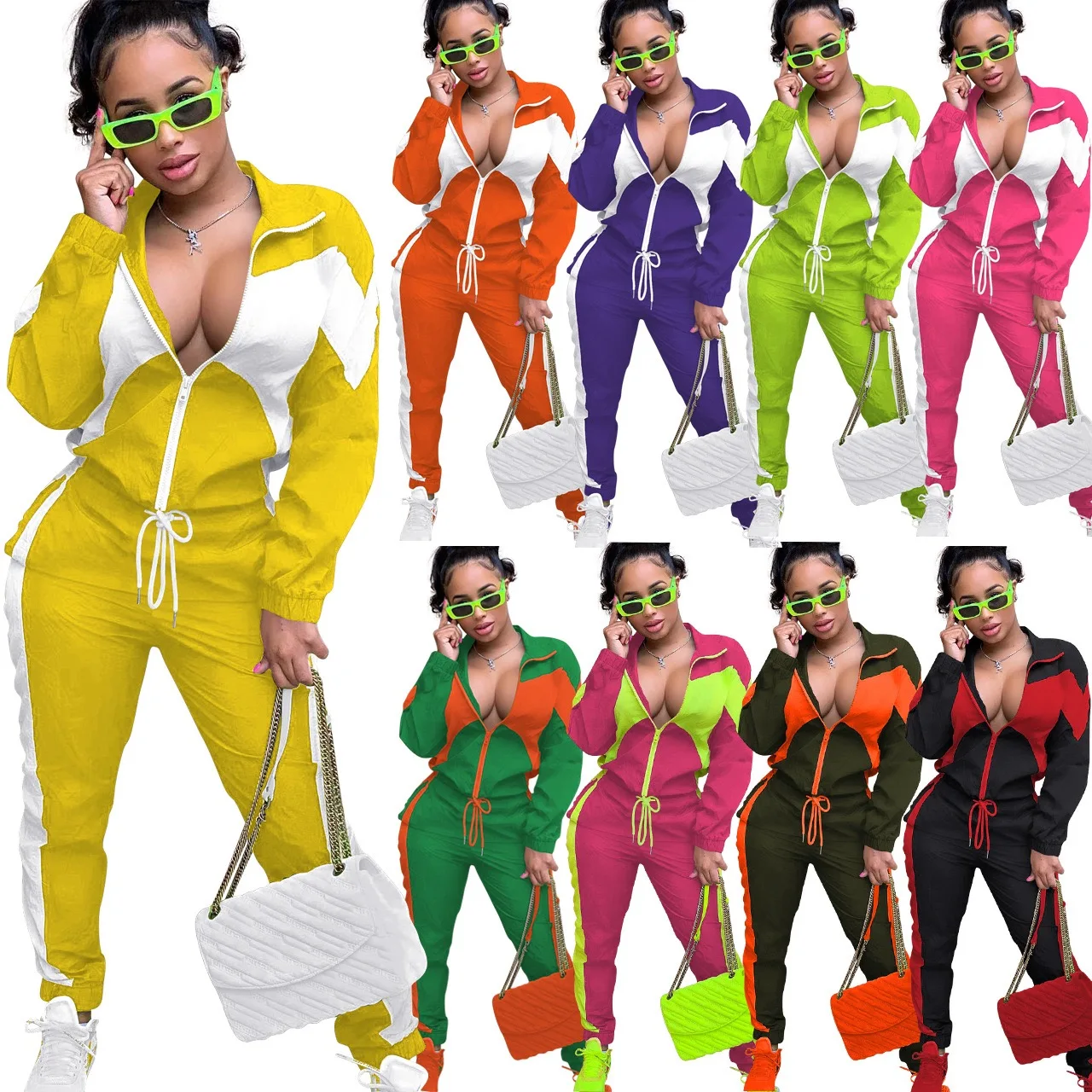 

2024 New Sports and Leisure Long sleeved Zipper Fashion Colorful Cardigan Women's Two Piece Set