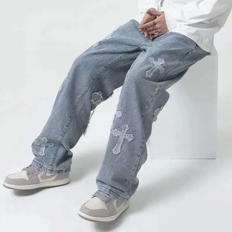 

Men's High Street Loose Fit Jeans Long Hip Hop Pants Autumn 2024 Five-Quarter Length Casual M Denim Trousers