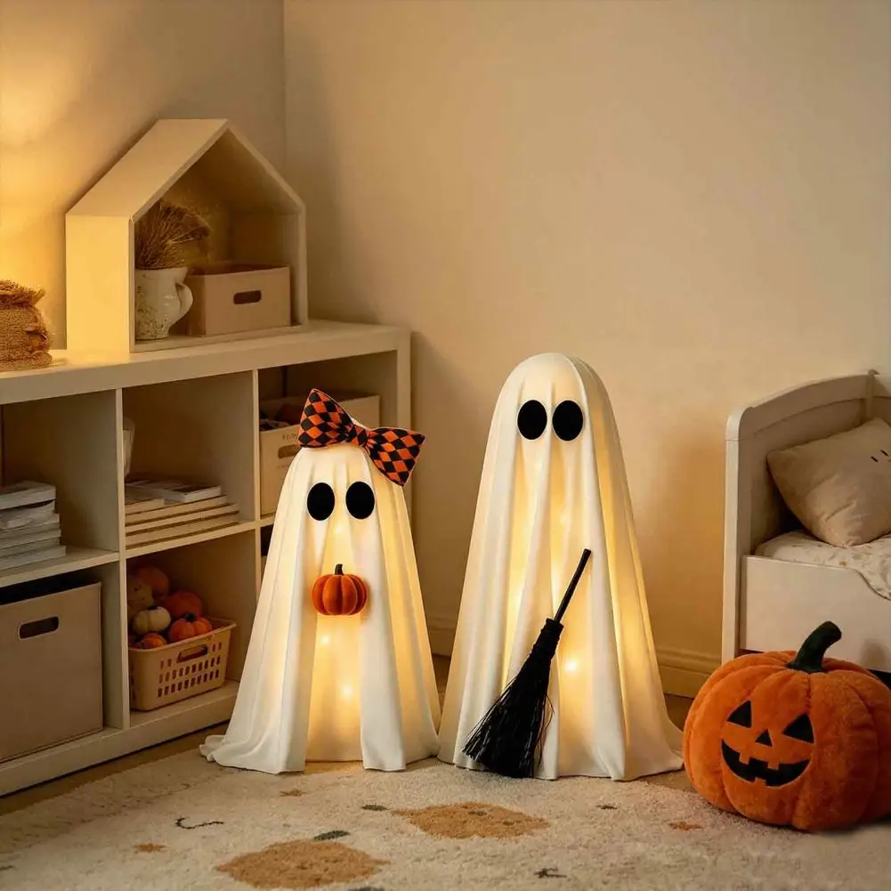 Farmhouse Halloween Tabletop Ornaments 2 Pcs Halloween Ghost Decorations Cute Standing Ghost Figurines with Broom Pumpkin Indoor