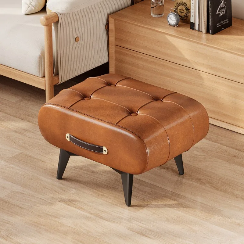 Oil Wax Leather Household Soft Bag Stool Entrance Shoe Chang Stool High-end Living Room Chair with Handle Leather Footrest Chair