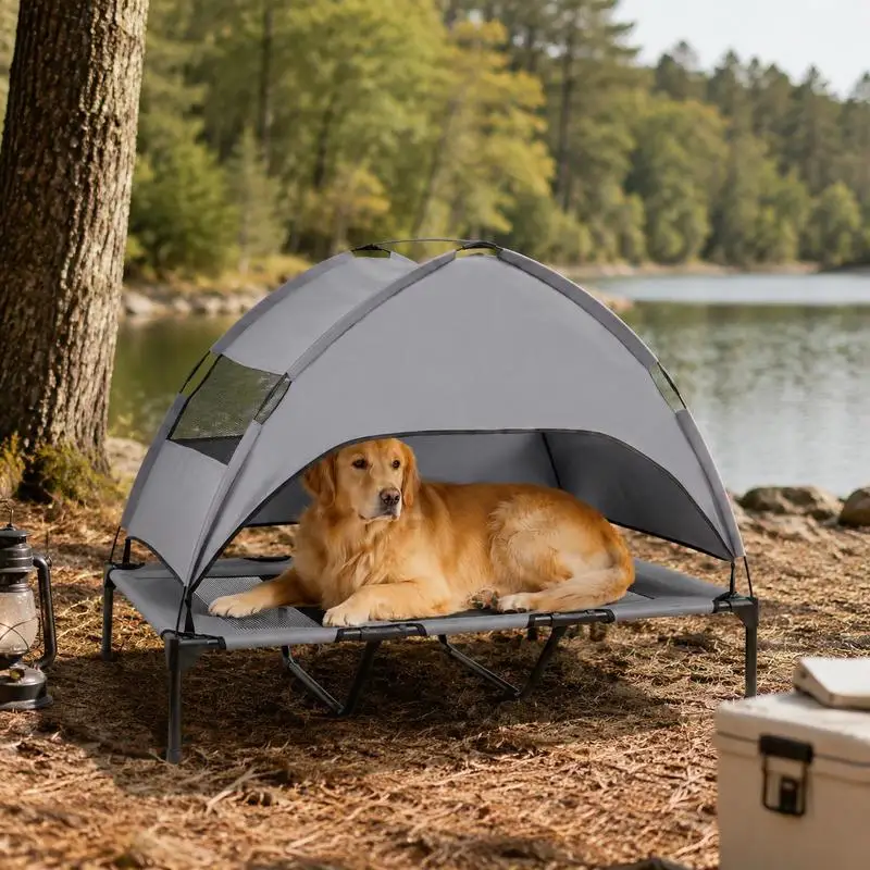 Lit pour grand chien avec auvent, lit surélevé pour animaux de compagnie avec tente amovible - Gris