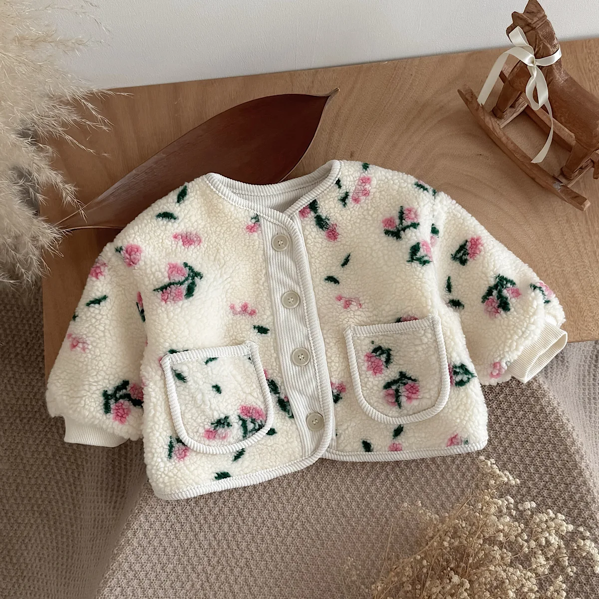 Toddler Girls Sherpa Fleece Jacket Autumn Winter, Small Pink Floral Print Cardigan, Warm Baby Outerwear With Pockets